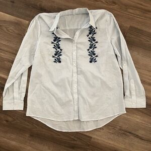 Pin Stripe blue and white womens button down with floral embroidery M-L